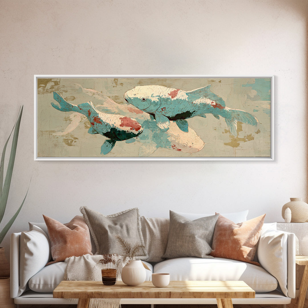 Teal Koi Fish on Tonal Water Canvas Print, Monochrome Art, Digital Print, Living Room Decor, Fine Art, Mono, Modern Art, MON-3x1-33