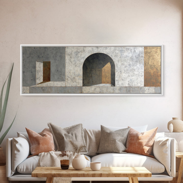 Gray Architectural Arch and Shadow Study Canvas Print, Monochrome Art, Large Wall Art, Living Room Decor, Watercolor Art, Mono, MON-3x1-50