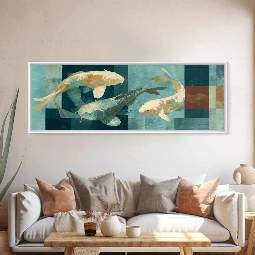 Teal Koi Fish on Tonal Water Framed Canvas Print, Monochrome Art, Dopamine Decor, Living Room Decor, Mono, Modern Decor, MON-3x1-57