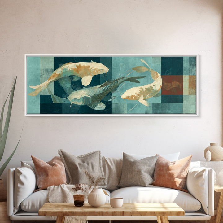 Teal Koi Fish on Tonal Water Framed Canvas Print, Monochrome Art, Dopamine Decor, Living Room Decor, Mono, Modern Decor, MON-3x1-57