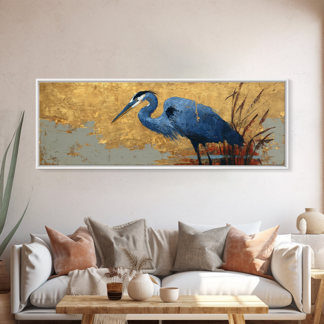 Blue Heron in Monochrome Navy Palette Framed Canvas Print, Monochrome Art, Wall Art, Living Room Decor, Fine Art, Mono, MON-3x1-72