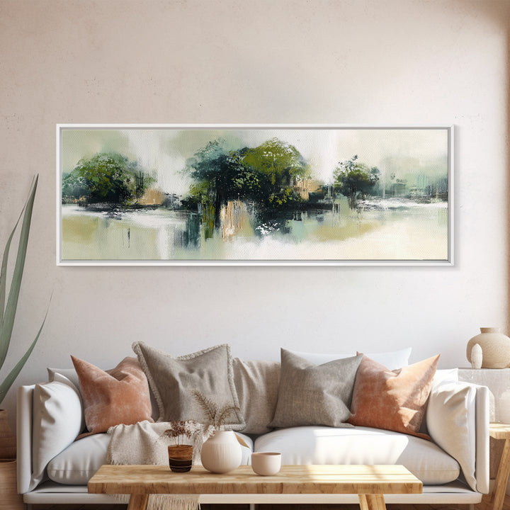 Deep Green Forest Silhouette Study Framed Canvas Print, Monochrome Art, Boho Wall Art, Living Room Decor, Oil Painting, Mono, MON-3x1-77