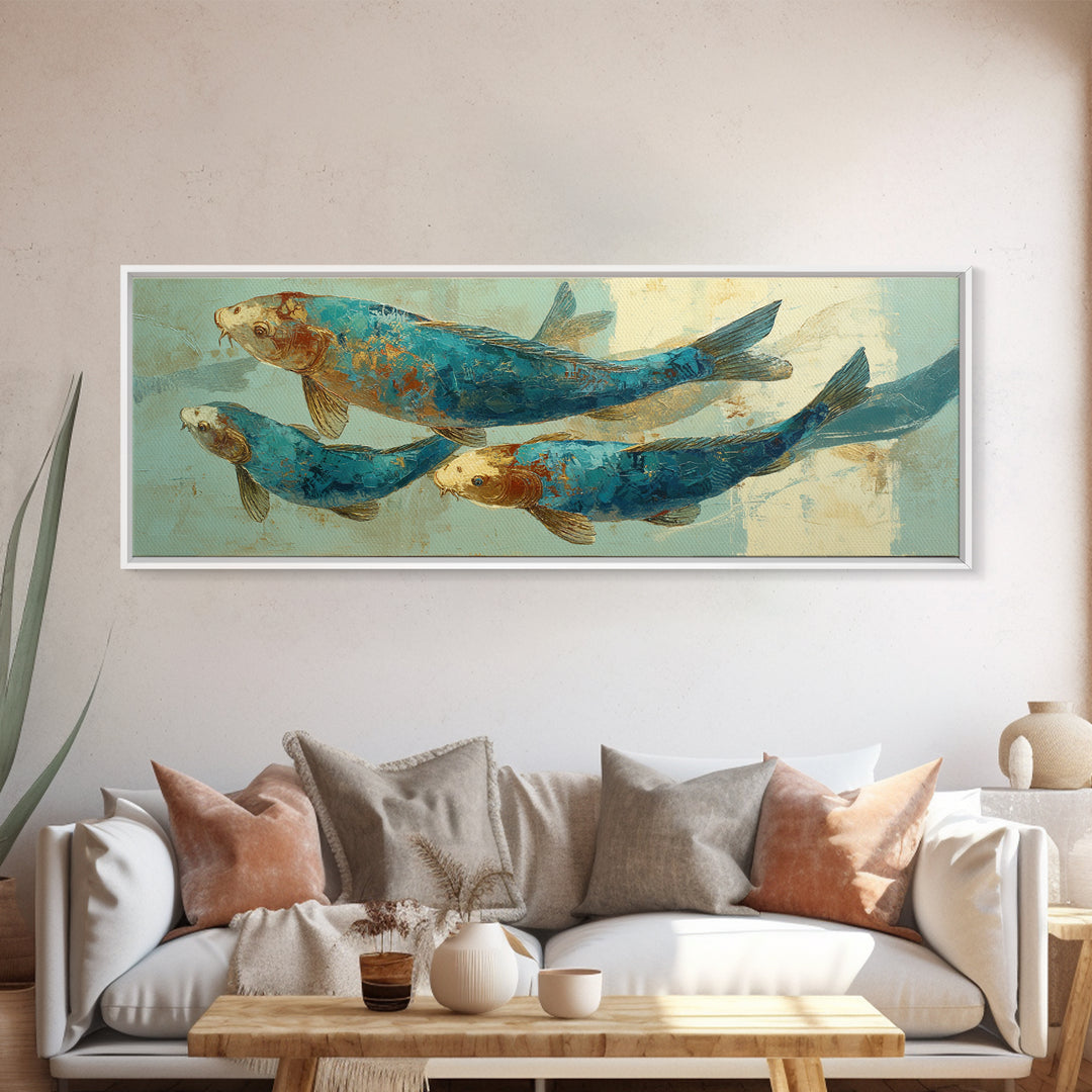 Teal Koi Fish on Tonal Water Framed Canvas Print, Monochrome Art, Dopamine Decor, Living Room Decor, Mono, Modern Decor, MON-3x1-81