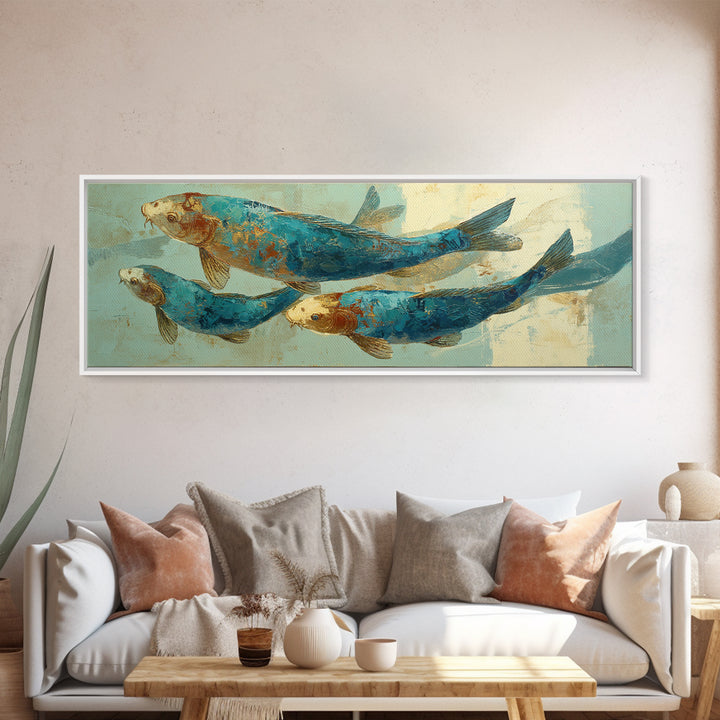 Teal Koi Fish on Tonal Water Framed Canvas Print, Monochrome Art, Dopamine Decor, Living Room Decor, Mono, Modern Decor, MON-3x1-81