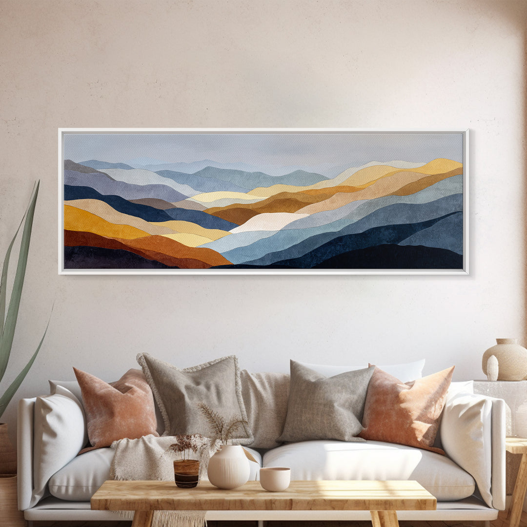 Blue Mountain Ridge Layers Canvas Print, Monochrome Art, Minimalist Decor, Living Room Decor, Fine Art, Mono, Large Wall Art, MON-3x1-88