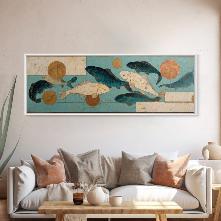 Teal Koi Fish on Tonal Water Framed Canvas Print, Monochrome Art, Digital Wall Art, Living Room Decor, Fine Art, Mono, MON-3x1-9