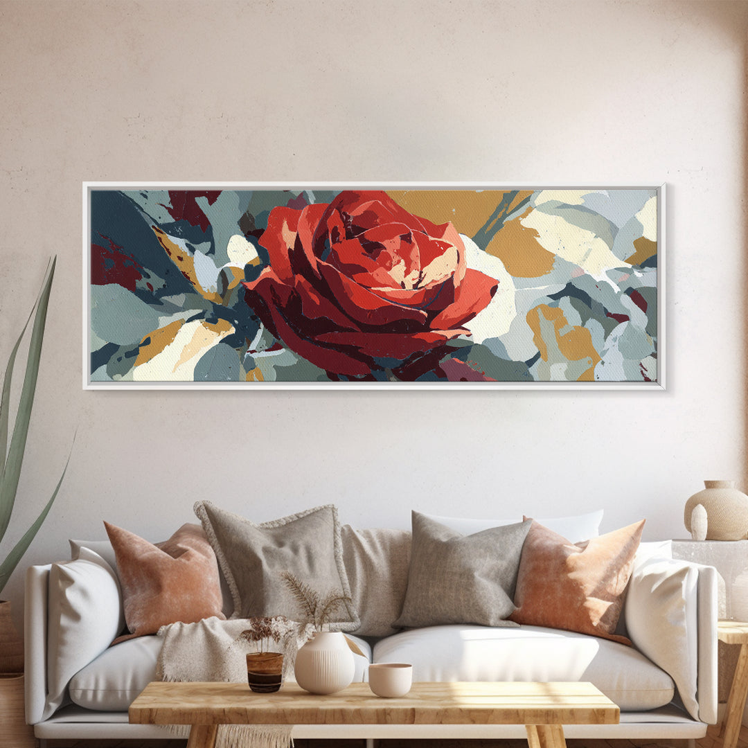 Single Red Rose Rendered Only Canvas Print, Monochrome Art, Textured Painting, Living Room Decor, Oil Painting, Mono, MON-3x1-95