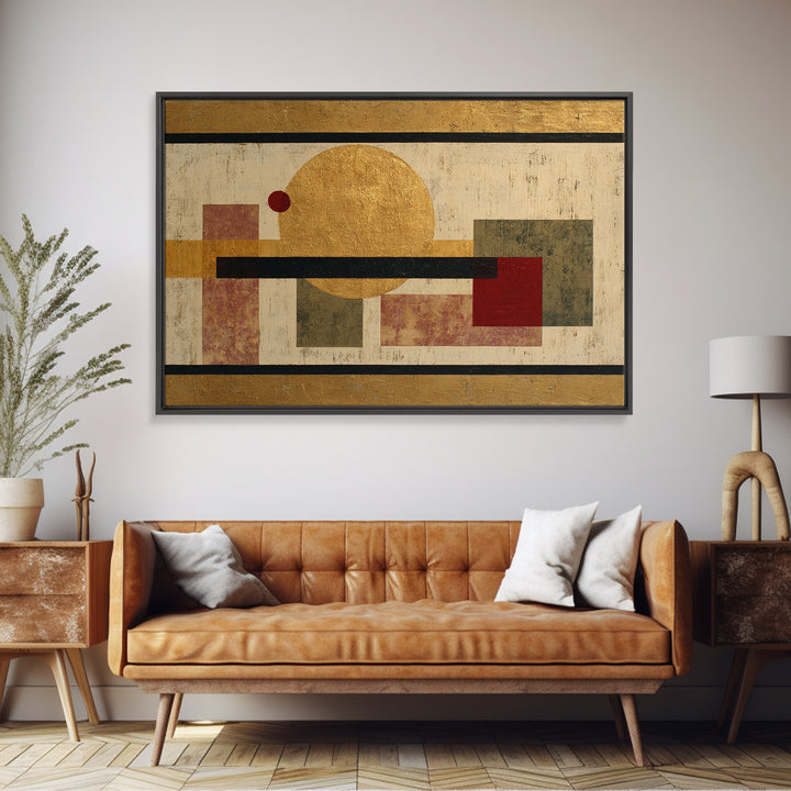 Gold Tonal Sunburst Medallion Framed Canvas Print, Monochrome Art, Mid Century Modern, Living Room Decor, Fine Art, Mono, MON-3x2-18