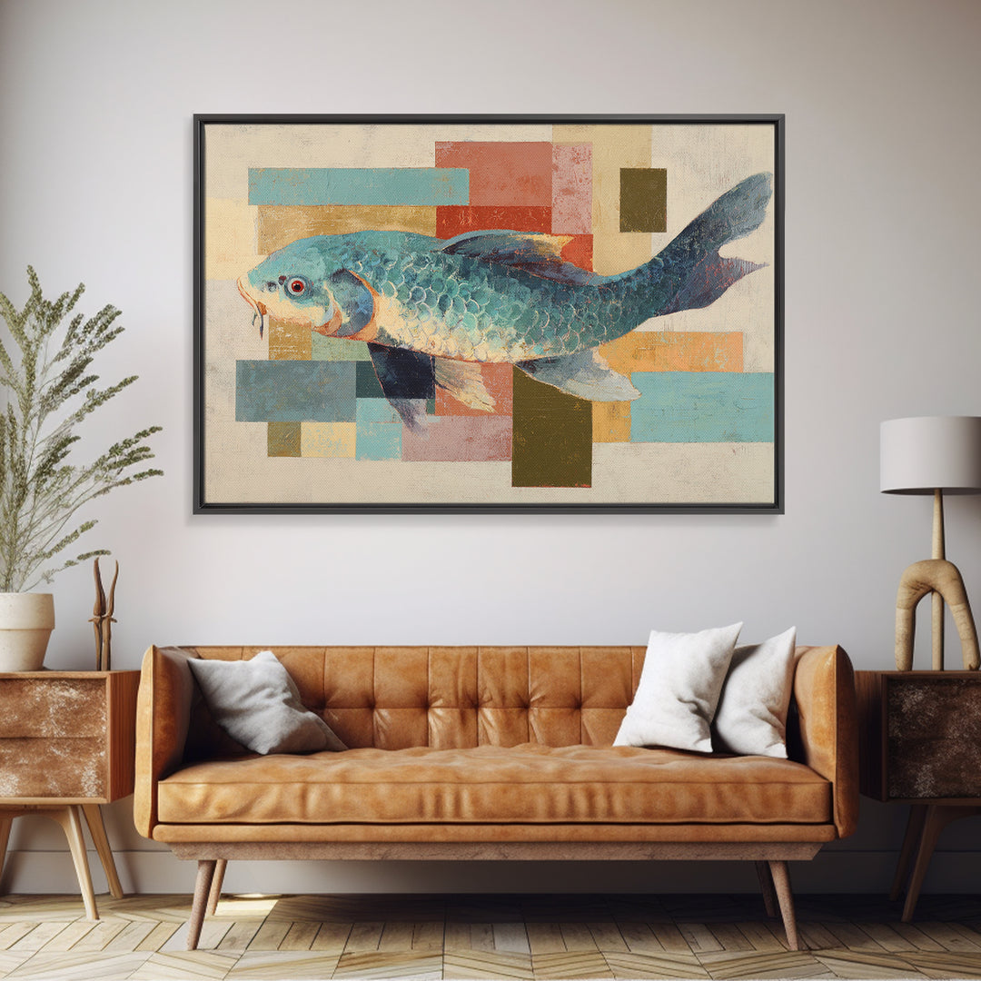 Teal Koi Fish on Tonal Water Canvas Print, Monochrome Art, Printable Art, Living Room Decor, Mono, Minimalist Wall Art, MON-3x2-21