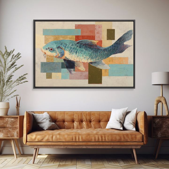 Teal Koi Fish on Tonal Water Canvas Print, Monochrome Art, Printable Art, Living Room Decor, Mono, Minimalist Wall Art, MON-3x2-21