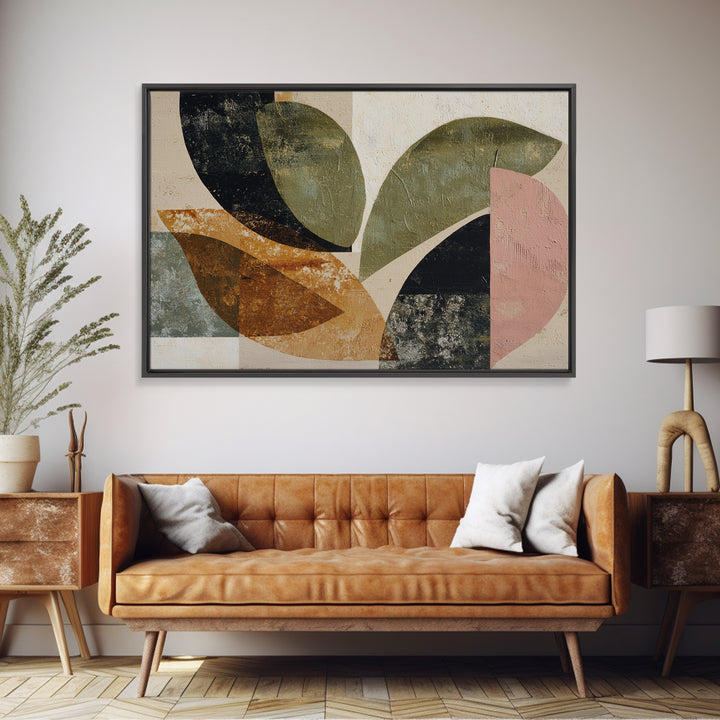 Olive Green Abstract Leaf Pattern Framed Canvas Print, Monochrome Art, Digital Print, Living Room Decor, Fine Art, Mono, MON-3x2-24