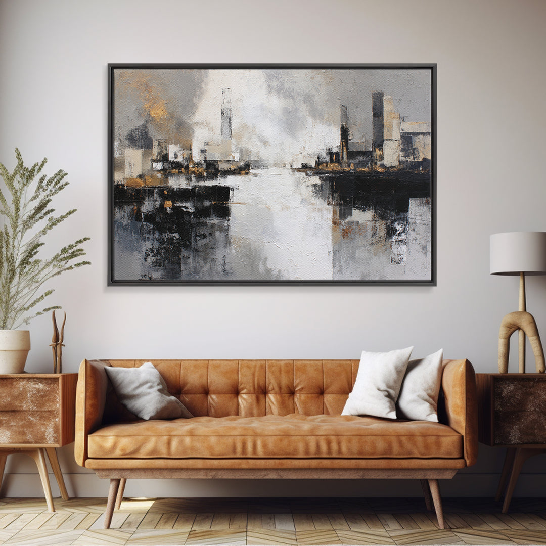 Black and White City Reflection Framed Canvas Print, Monochrome Art, Living Room Decor, Abstract Art, Mono, Gallery Decor, MON-3x2-25