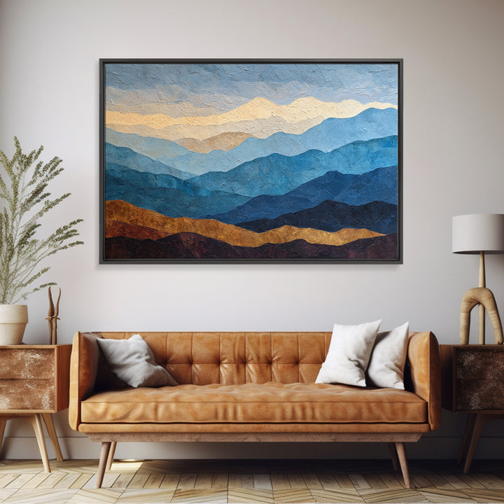 Blue Mountain Ridge Layers Framed Canvas Print, Monochrome Art, Large Wall Art, Living Room Decor, Watercolor Art, Mono, MON-3x2-28