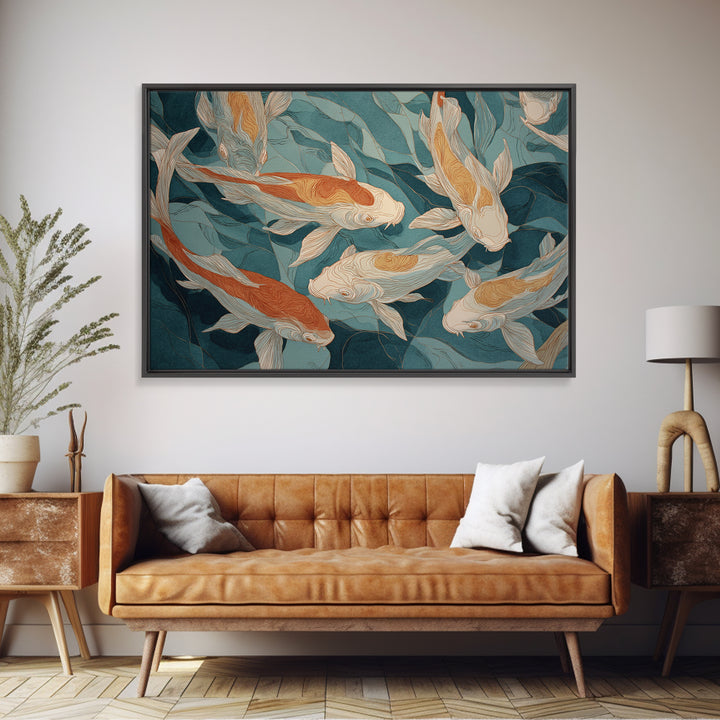 Teal Koi Fish on Tonal Water Framed Canvas Print, Monochrome Art, Modern Wall Art, Living Room Decor, Fine Art, Mono, MON-3x2-45