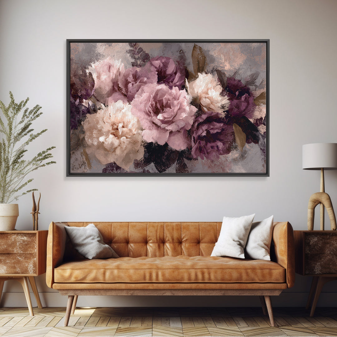 Monochrome Floral Bouquet Framed Canvas Print, Monochrome Art, Textured Wall Art, Living Room Decor, Mono, Wallpaper Mural, MON-3x2-46