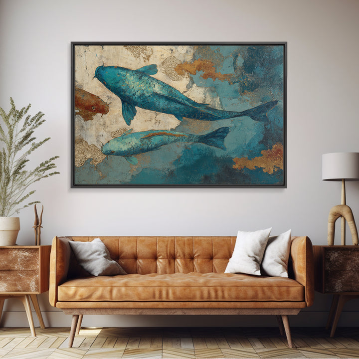 Teal Koi Fish on Tonal Water Framed Canvas Print, Monochrome Art, Modern Wall Art, Living Room Decor, Fine Art, Mono, MON-3x2-69