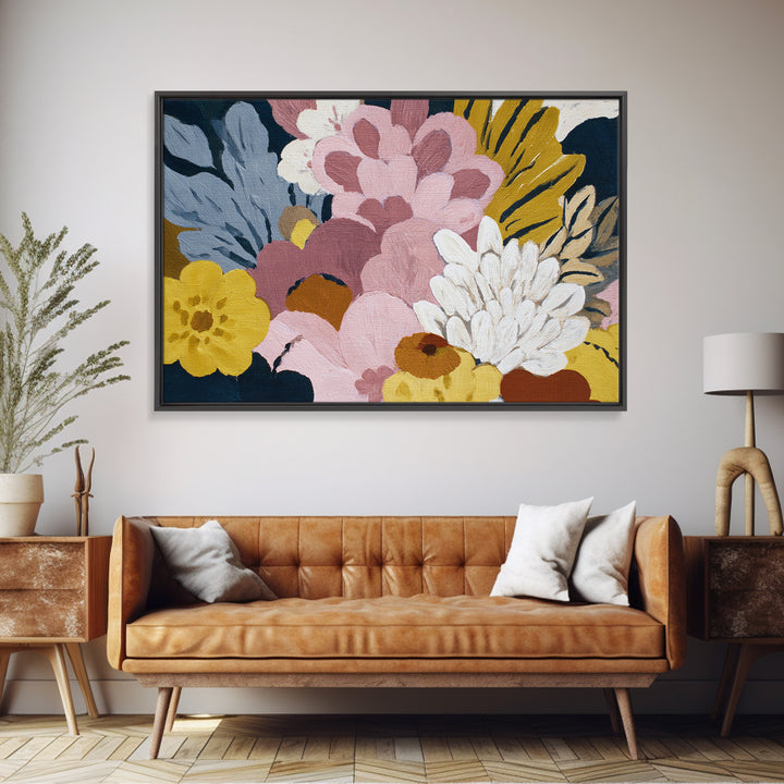 Monochrome Floral Bouquet Framed Canvas Print, Monochrome Art, Textured Wall Art, Living Room Decor, Mono, Wallpaper Mural, MON-3x2-70