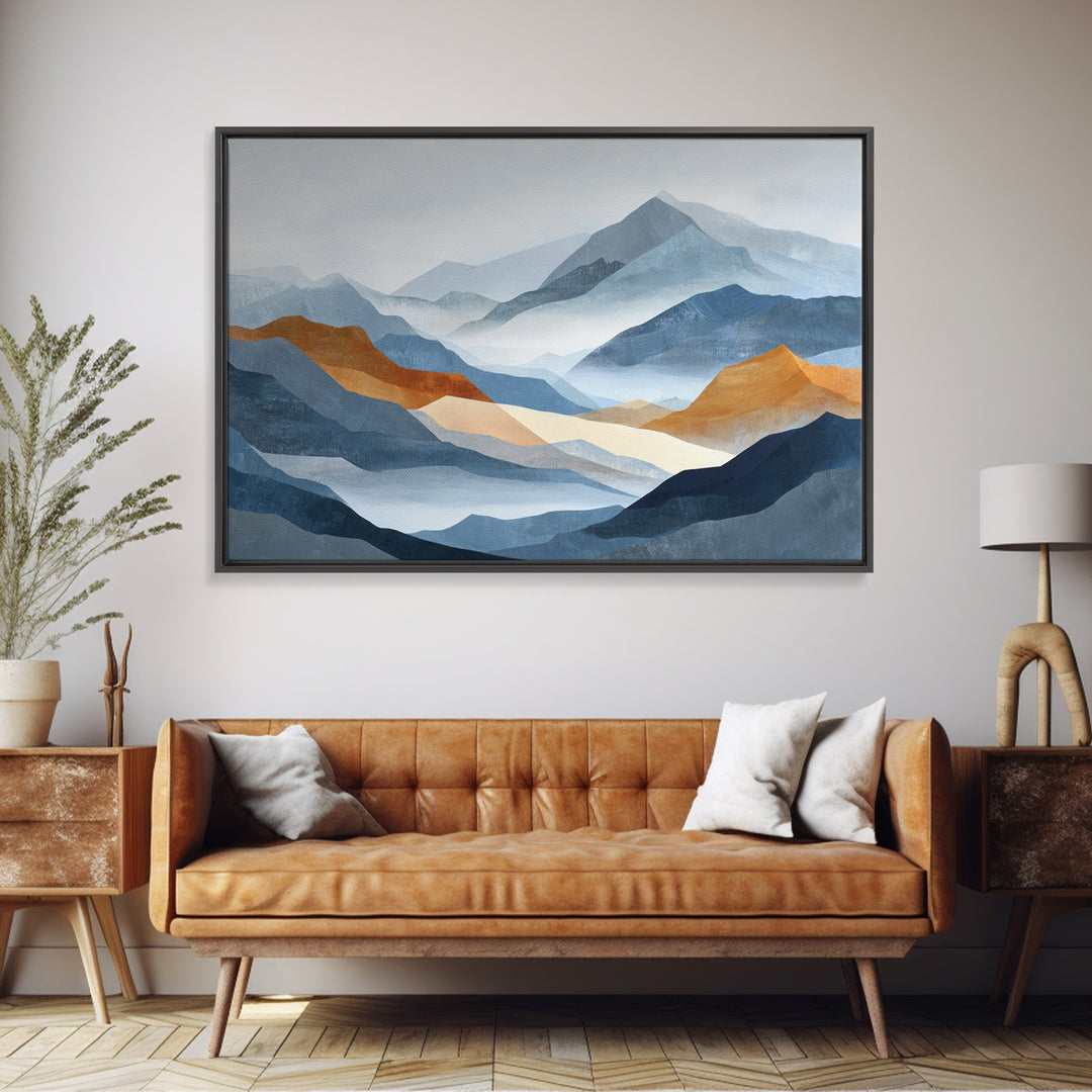 Charcoal Mountain Landscape Framed Canvas Print, Monochrome Art, Fine Art Print, Living Room Decor, Watercolor Art, Mono, MON-3x2-80