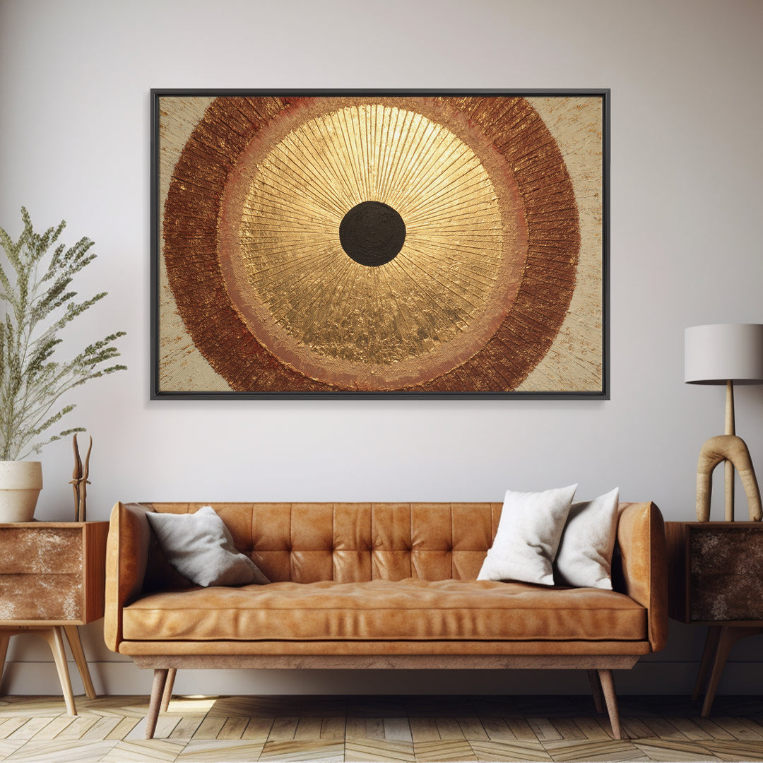 Gold Tonal Sunburst Medallion Framed Canvas Print, Monochrome Art, Dark Academia Decor, Living Room Decor, Fine Art, Mono, MON-3x2-90