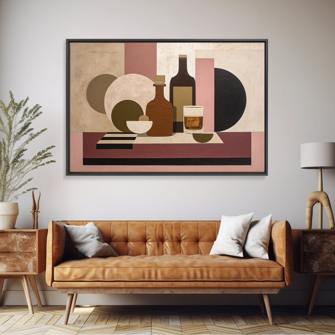 Brown Leather and Whiskey Still Life Framed Canvas Print, Monochrome Art, Minimalist Decor, Living Room Decor, Fine Art, Mono, MON-3x2-99
