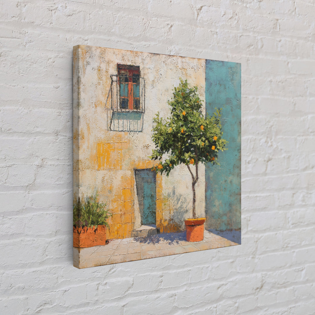 Orange Tree in Tiled Courtyard Framed Canvas Print, Moroccan Art, Contemporary Art, Living Room Decor, Oil Painting, Marrakesh, MOR-1x1-37
