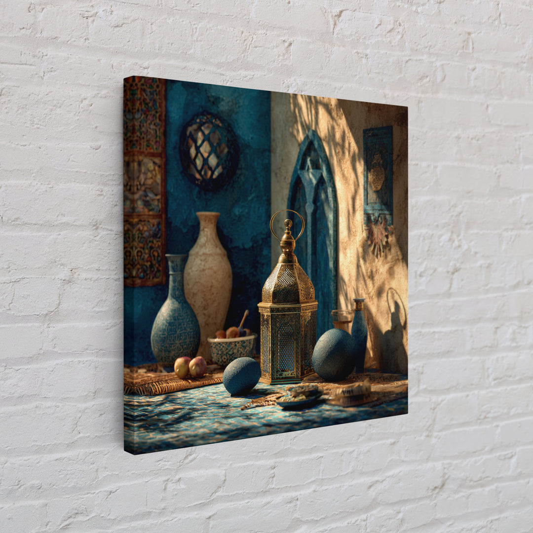 Brass Lantern Still Life Casting Lace Shadows Framed Canvas Print, Moroccan Art, Living Room Decor, Abstract Art, Marrakesh, MOR-1x1-57