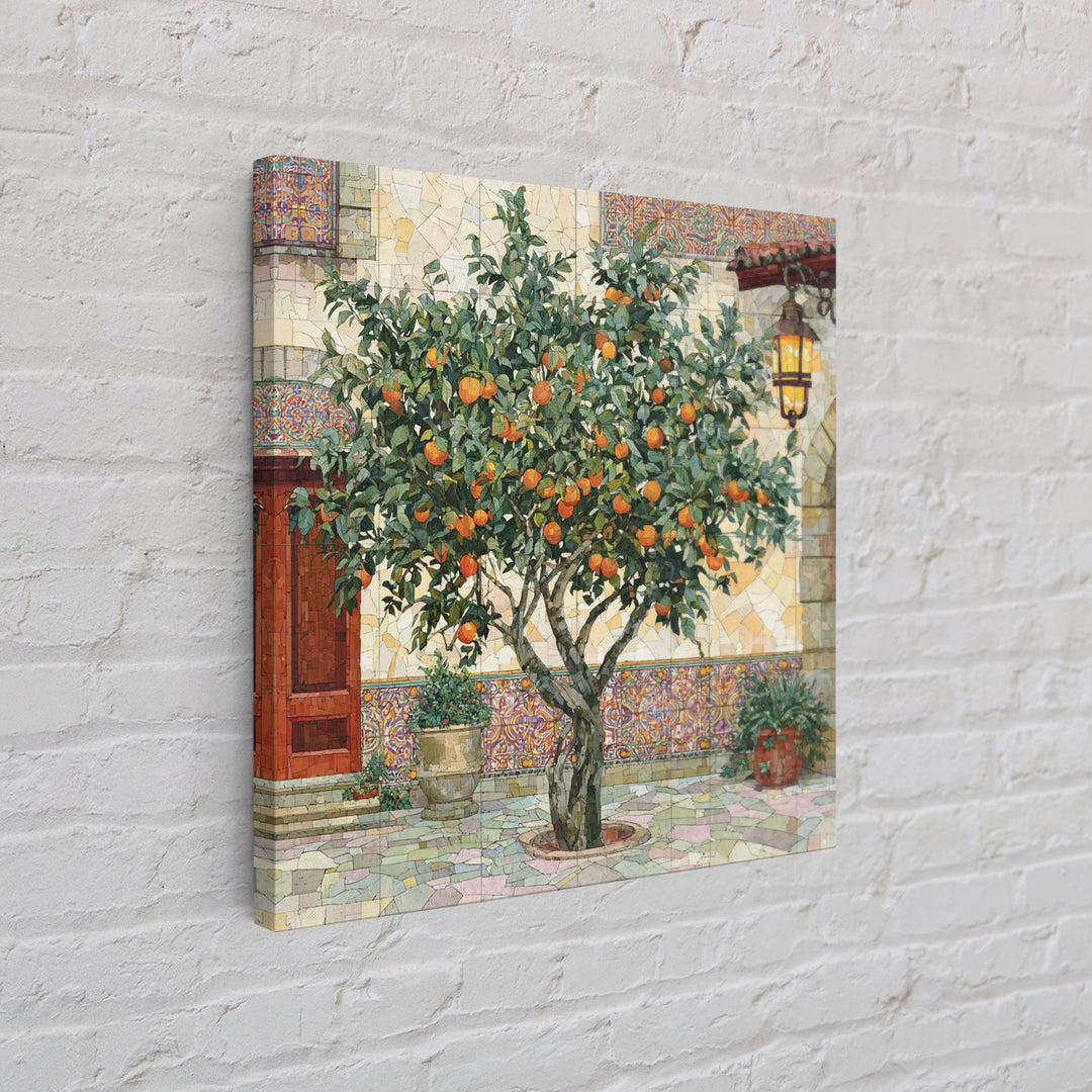 Orange Tree in Tiled Courtyard Framed Canvas Print, Moroccan Art, Contemporary Art, Living Room Decor, Oil Painting, Marrakesh, MOR-1x1-61