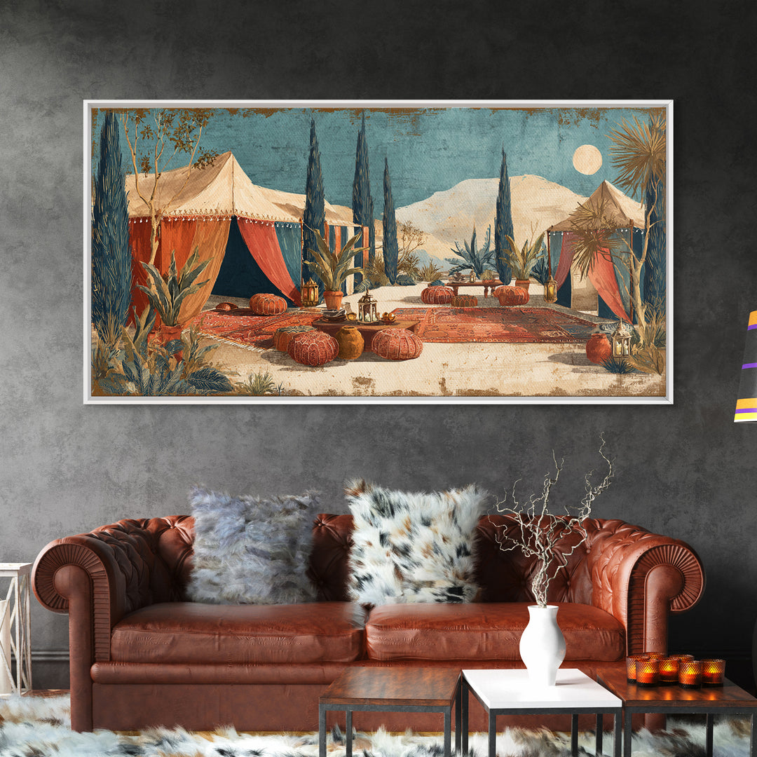 Desert Tent with Woven Rugs and Lanterns Framed Canvas Print, Moroccan Art, Art Prints, Living Room Decor, Fine Art, Marrakesh, MOR-2x1-10