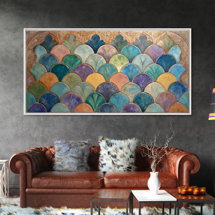 Turquoise Tile Fish Scale Pattern Canvas Print, Moroccan Art, Wall Art Print, Living Room Decor, Fine Art, Marrakesh, MOR-2x1-17
