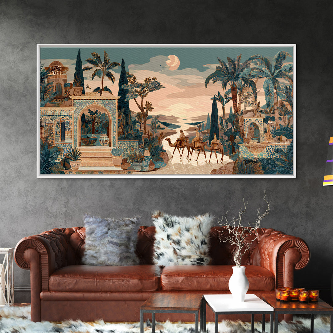 Desert Camel Caravan Framed Canvas Print, Moroccan Art, Boho Wall Art, Living Room Decor, Fine Art, Marrakesh, Map Wall Art, MOR-2x1-23