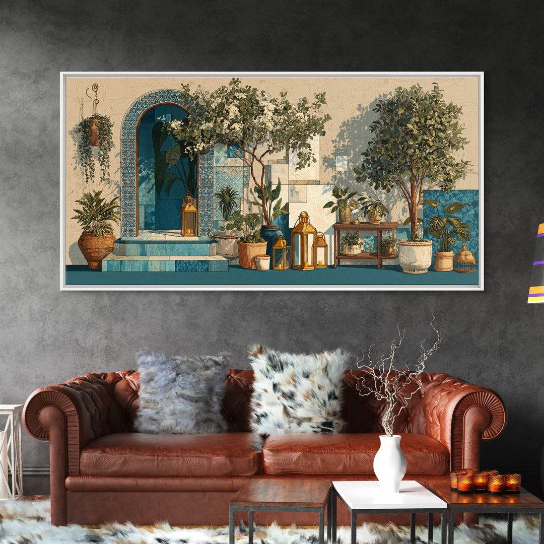Brass Lantern Still Life Casting Lace Shadows Canvas Print, Moroccan Art, Boho Decor, Living Room Decor, Marrakesh, MOR-2x1-29