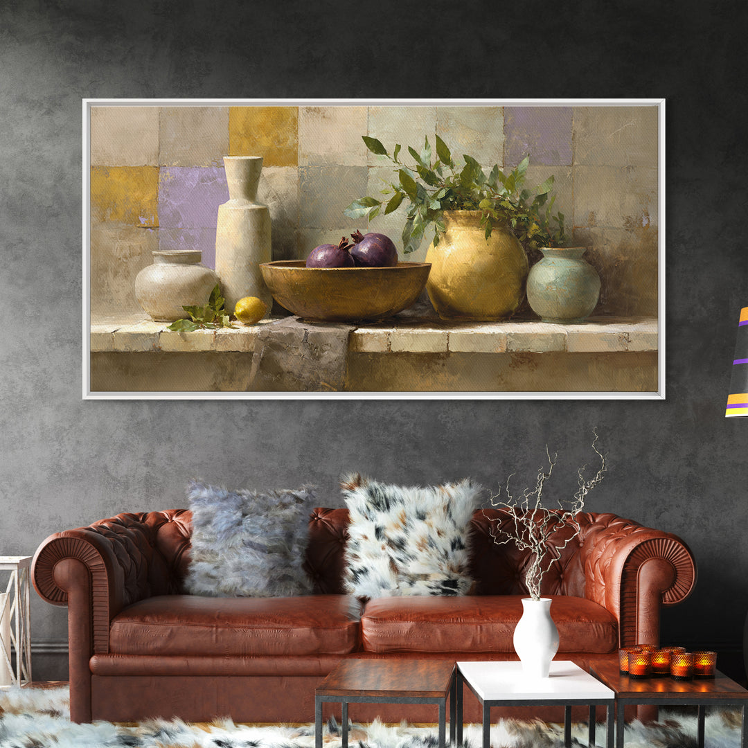 Pomegranate and Brass Bowl Still Life Framed Canvas Print, Moroccan Art, Wall Art, Living Room Decor, Fine Art, Marrakesh, MOR-2x1-42