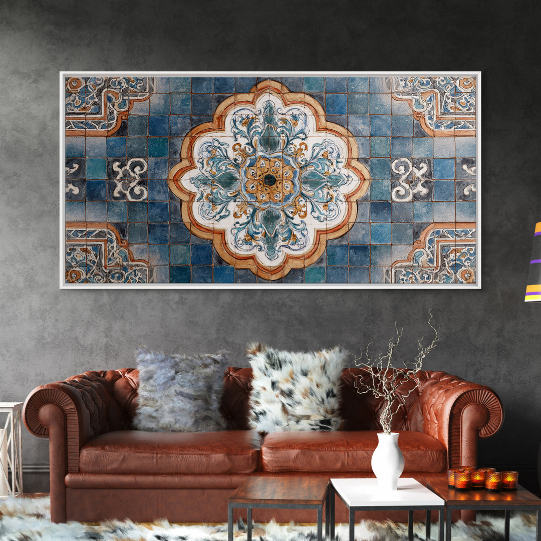 Ornate Zellige Tile Pattern Framed Canvas Print, Moroccan Art, African Art, Living Room Decor, Marrakesh, Neutral Decor, MOR-2x1-45