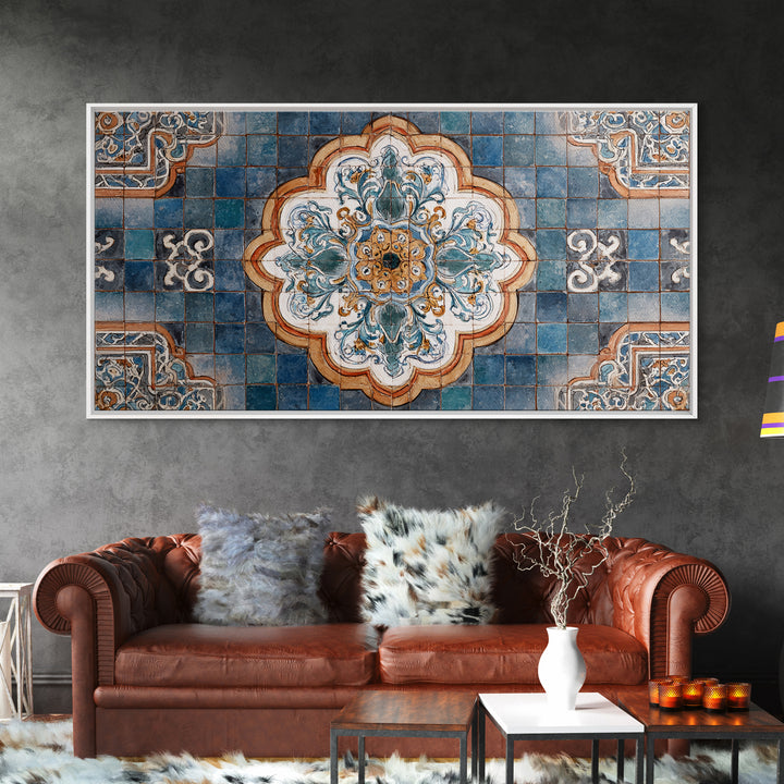 Ornate Zellige Tile Pattern Framed Canvas Print, Moroccan Art, African Art, Living Room Decor, Marrakesh, Neutral Decor, MOR-2x1-45