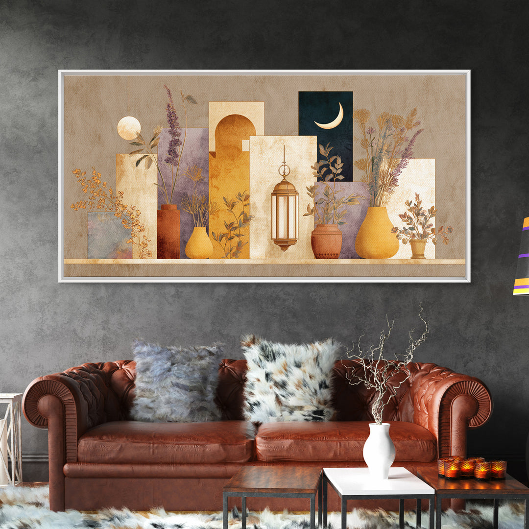 Camel Silhouette Beneath Crescent Moon Framed Canvas Print, Moroccan Art, African Art, Living Room Decor, Fine Art, Marrakesh, MOR-2x1-55
