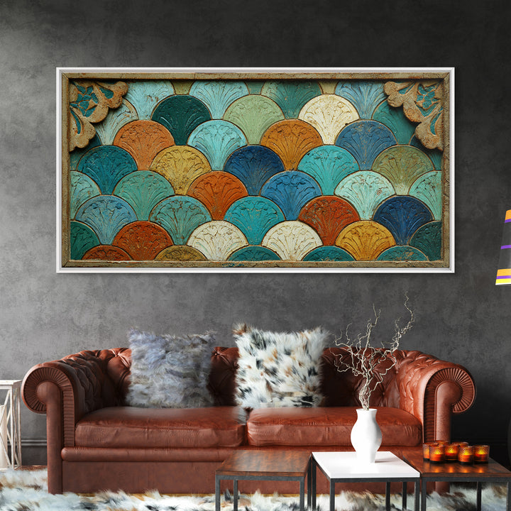 Turquoise Tile Fish Scale Pattern Framed Canvas Print, Moroccan Art, Living Room Rug, Living Room Decor, Abstract Art, MOR-2x1-65