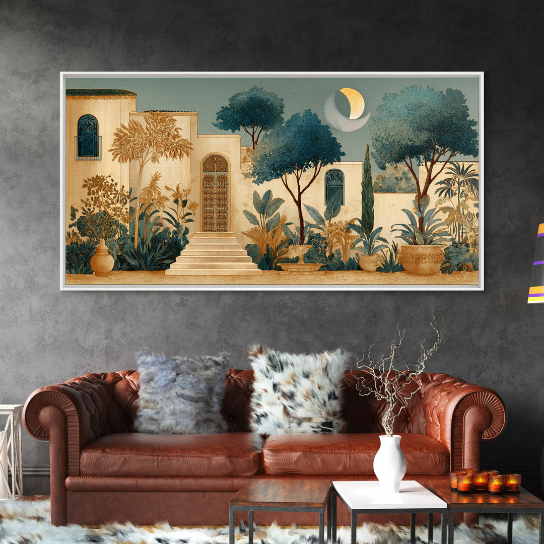 Camel Silhouette Beneath Crescent Moon Framed Canvas Print, Moroccan Art, Printable Wall Art, Living Room Decor, Marrakesh, MOR-2x1-7