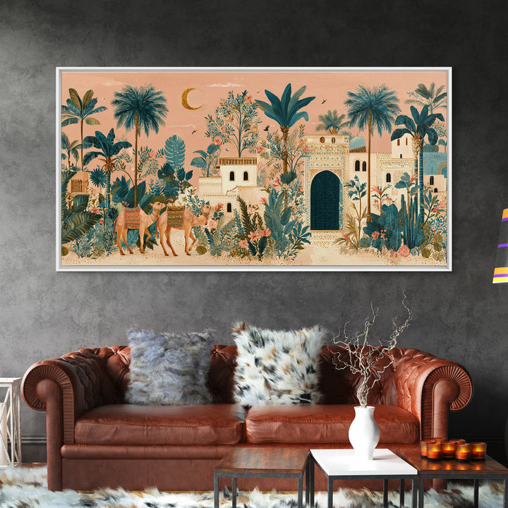 Desert Camel Caravan Framed Canvas Print, Moroccan Art, Statement Artwork, Living Room Decor, Oil Painting, Marrakesh, MOR-2x1-95