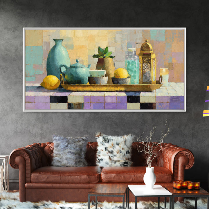 Moroccan Tea Set Framed Canvas Print, Moroccan Art, Gallery Wall Set, Living Room Decor, Oil Painting, Marrakesh, MOR-2x1-96