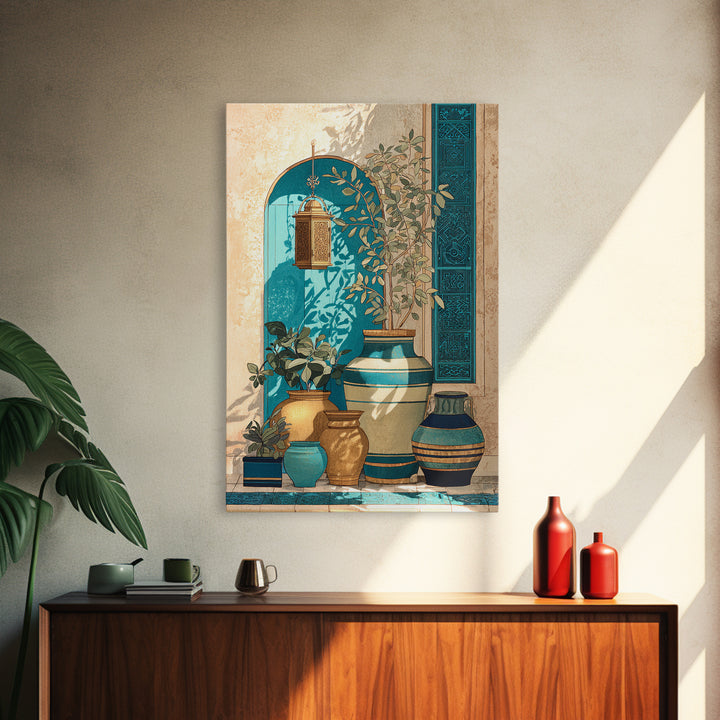 Brass Lantern Still Life Casting Lace Shadows Framed Canvas Print, Moroccan Art, African Art, Living Room Decor, Abstract Art, MOR-2x3-17