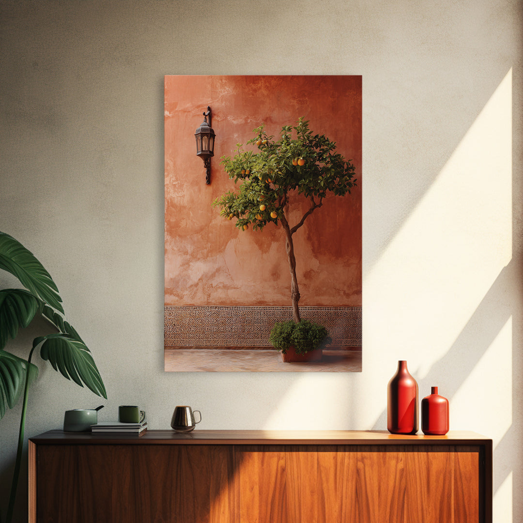 Orange Tree in Tiled Courtyard Framed Canvas Print, Moroccan Art, Modern Wall Art, Living Room Decor, Oil Painting, Marrakesh, MOR-2x3-21