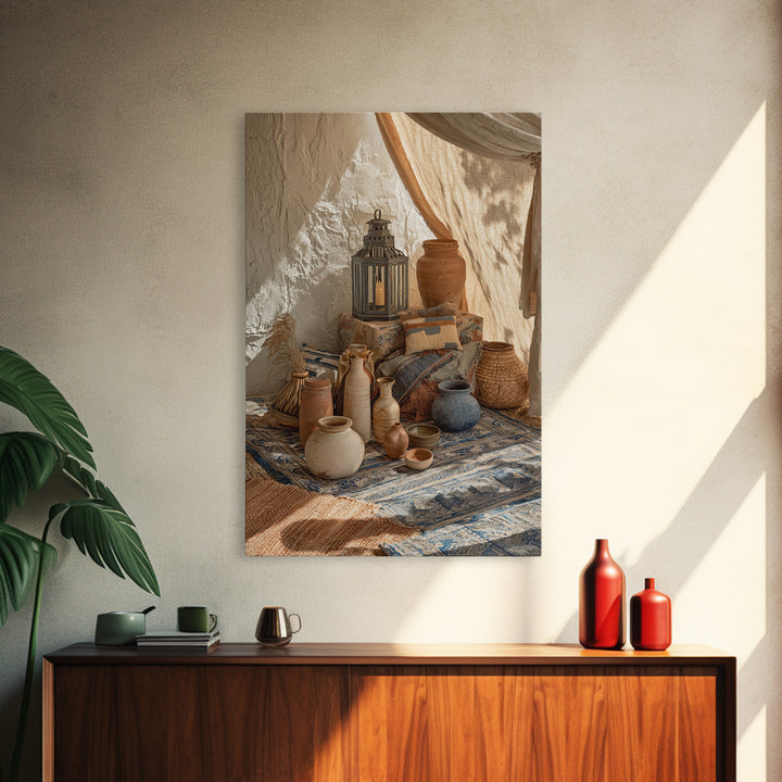 Desert Tent with Woven Rugs and Lanterns Framed Canvas Print, Moroccan Art, Printable Wall Art, Living Room Decor, Marrakesh, MOR-2x3-22