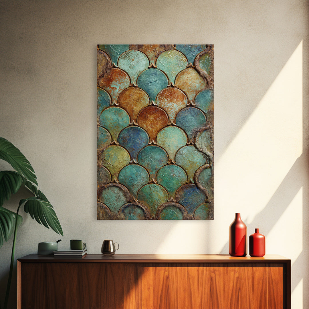Turquoise Tile Fish Scale Pattern Framed Canvas Print, Moroccan Art, Gallery Wall Set, Living Room Decor, Oil Painting, MOR-2x3-53