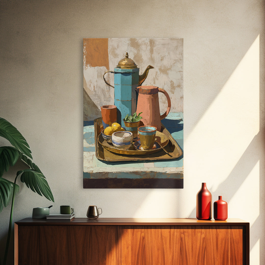 Moroccan Tea Set Framed Canvas Print, Moroccan Art, African Art, Living Room Decor, Fine Art, Marrakesh, Neutral Decor, MOR-2x3-60