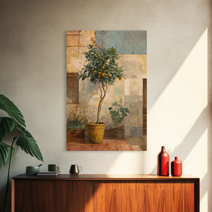 Orange Tree in Tiled Courtyard Framed Canvas Print, Moroccan Art, Neutral Wall Art, Living Room Decor, Fine Art, Marrakesh, MOR-2x3-69