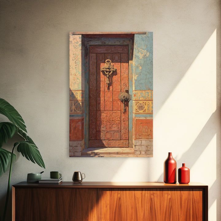Patterned Door Hardware and Carved Wood Detail Framed Canvas Print, Moroccan Art, Modern Rug, Living Room Decor, Marrakesh, MOR-2x3-75