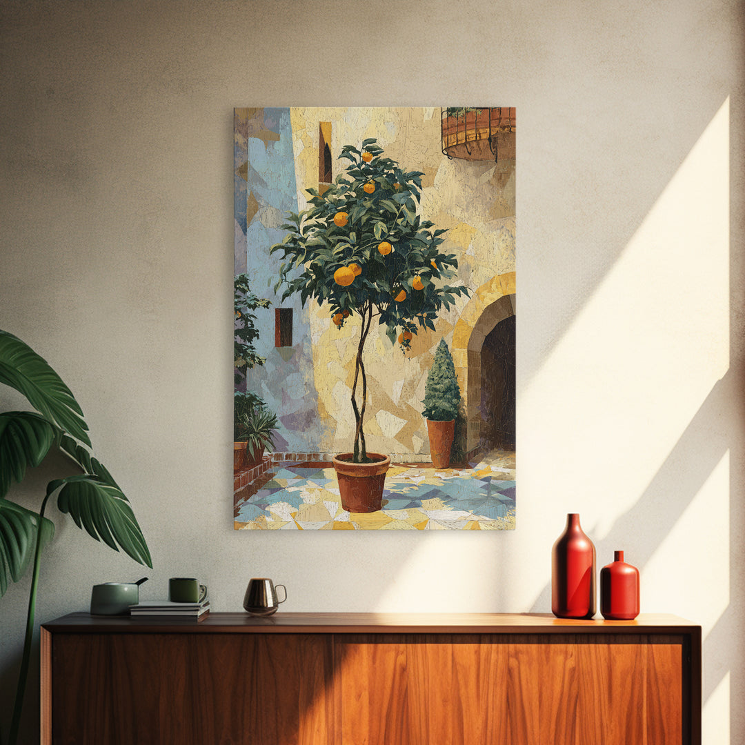 Orange Tree in Tiled Courtyard Framed Canvas Print, Moroccan Art, Neutral Wall Art, Living Room Decor, Fine Art, Marrakesh, MOR-2x3-93