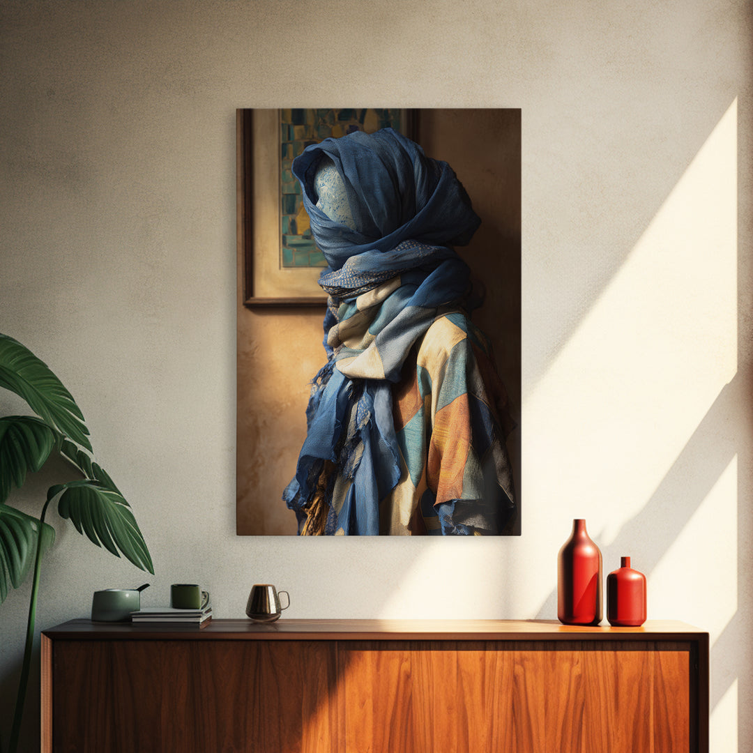 Tuareg Blue Scarf Portrait Framed Canvas Print, Moroccan Art, Modern Wall Art, Living Room Decor, Fine Art, Marrakesh, MOR-2x3-98