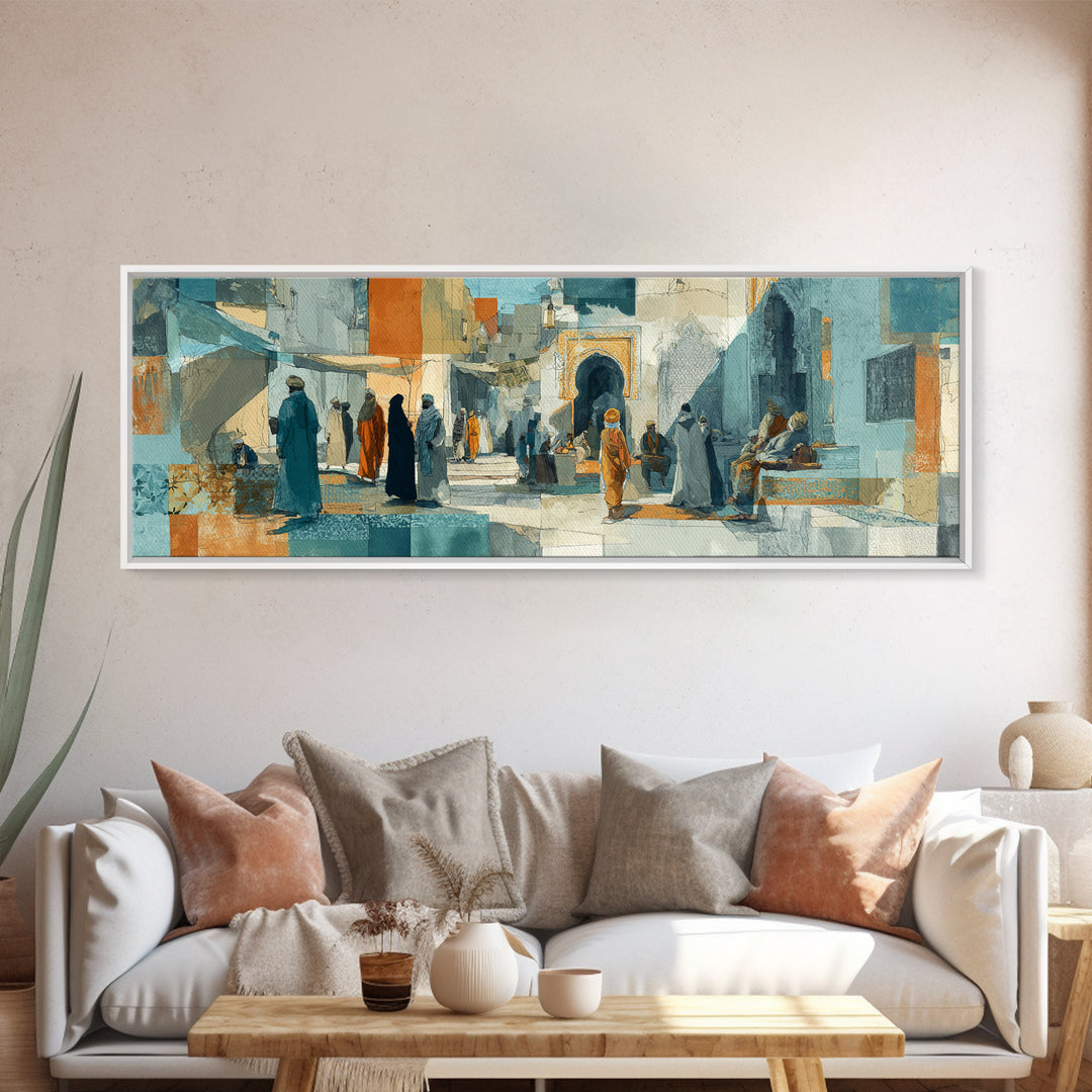 Tuareg Blue Scarf Portrait Framed Canvas Print, Moroccan Art, Living Room Decor, Marrakesh, Travel Poster, Map Wall Art, MOR-3x1-10