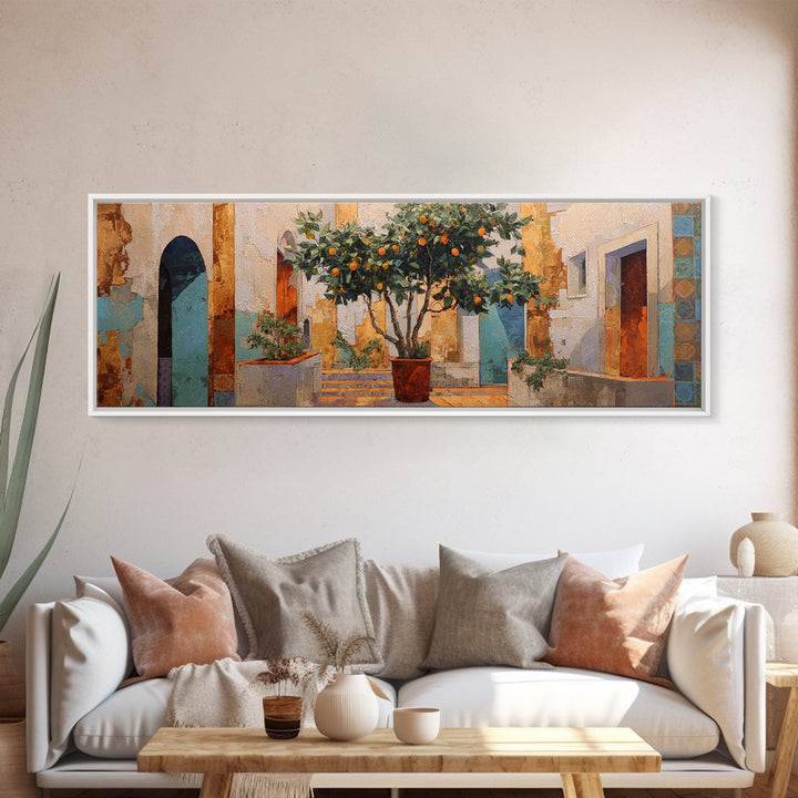 Orange Tree in Tiled Courtyard Framed Canvas Print, Moroccan Art, Fine Art Print, Living Room Decor, Fine Art, Marrakesh, MOR-3x1-53